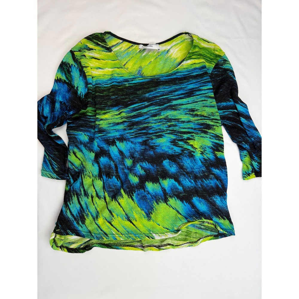 Peck & Peck Petite Womens PXL Abstract Print Slub Knit 3/4 Sleeve Top Blue Green